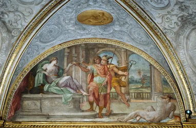 Lunette, die die Zauberin Circe zeigt, die Odysseus eine Schale vergiftete Suppe anbietet, und Merkur, der ein Kräuterheilmittel hinzufügt, aus dem 